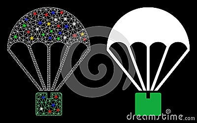 Glossy Mesh Wire Frame Cargo Parachute Icon with Flash Spots Vector Illustration