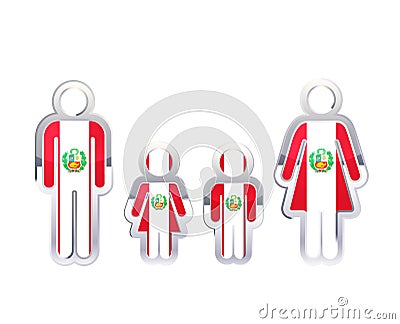 Glossy metal badge icon in man, woman and childrens shapes with Peru flag, infographic element on white Vector Illustration