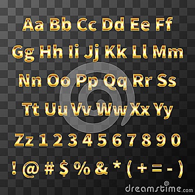 Glossy metal font. Golden letters and numbers on transparent background Vector Illustration