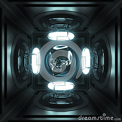 Glossy metal skull in dark techo room with four glowing neon rings light music party poster template. render Stock Photo