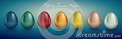 Glossy metallic egg set. Different color reflect paint. Turquoise deep background Vector Illustration