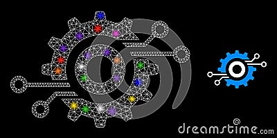Glossy Network Nanobot Circuit Wheel Icon with Constellation Colorful Lightspots Vector Illustration