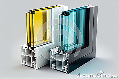 glossy paint plastic windows profile in sections standing on white background Stock Photo