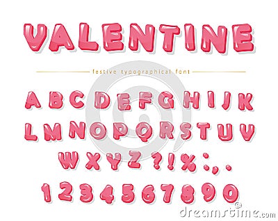Glossy pink decorative font. Cartoon ABC letters and numbers. Perfect for Valentine s day cards, cute design for girls. Vector Illustration