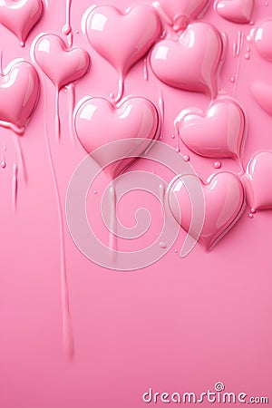 Glossy pink hearts with dripping paint effect on a soft pink background, perfect for love-themed designs and Stock Photo