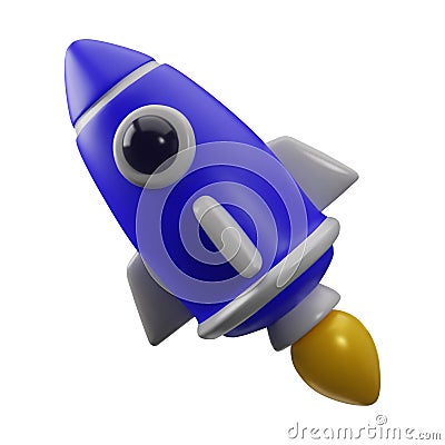 Glossy plastic 3d flying rocket . Cute stylised cartoon spaceship on white background. Colorful bright vector Vector Illustration