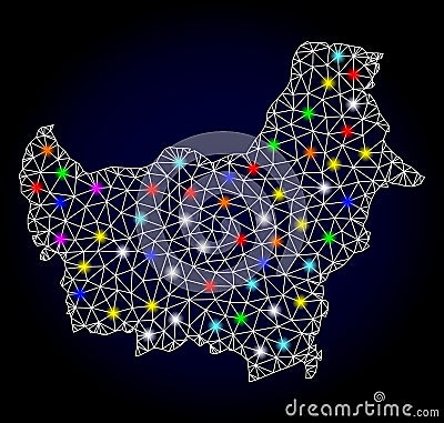 Raster 2D Mesh Map of Borneo Island with Glowing Spots for New Year Stock Photo