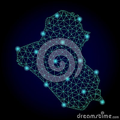 Polygonal Wire Frame Mesh Map of Iraq with Light Spots Vector Illustration