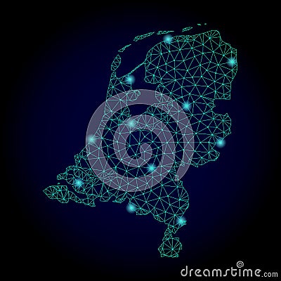 Polygonal Carcass Mesh Map of Netherlands with Light Spots Stock Photo
