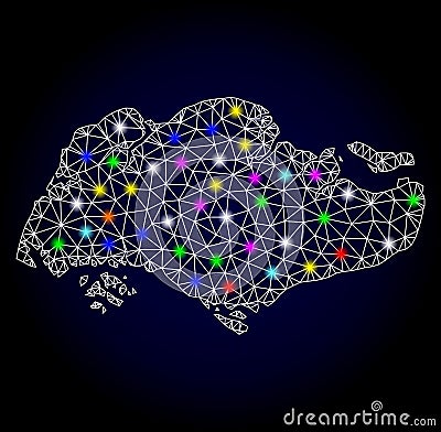 Raster Network Mesh Map of Singapore with Glowing Spots for New Year Cartoon Illustration