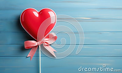 Glossy Red Heart Lollipop with red bow on blue background, top view Stock Photo