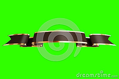 Glossy satin twisted festive black ribbon with gilded stripes on green background. 3D rendering, 3D illustration Cartoon Illustration
