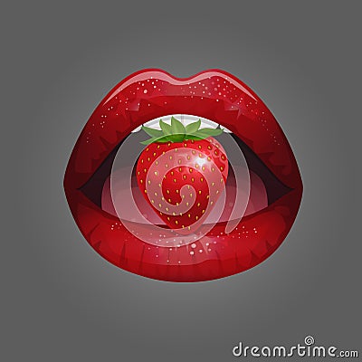 Red lady lips holding ripe strawberry Vector Illustration