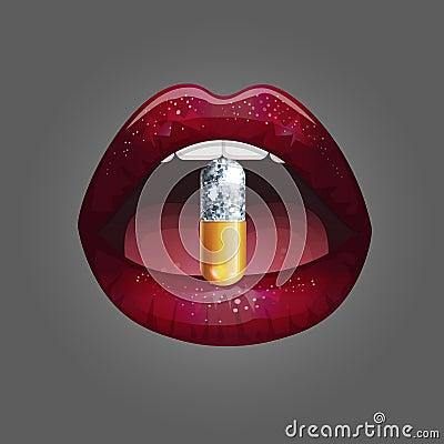 Hot mouth taking pill capsule filled with glitter sparkling dust Vector Illustration