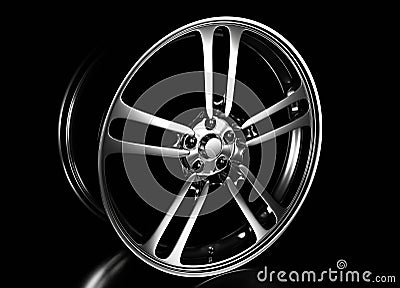 Glossy silver rim wheel in a black scene Stock Photo