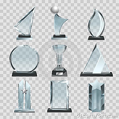 Glossy transparent trophies, awards and winner cups. Vector illustrations Vector Illustration