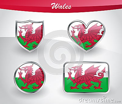 Glossy Wales flag icon set Vector Illustration