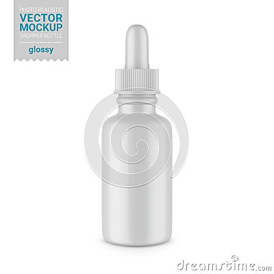 Glossy white dropper bottle mockup. Vector illustration Cartoon Illustration