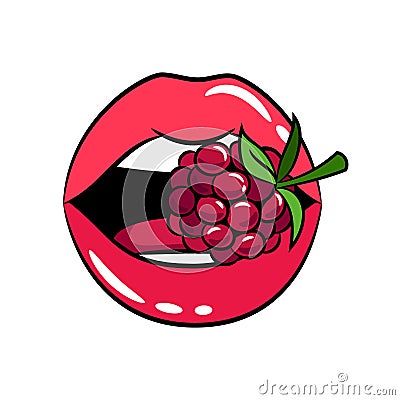 Glossy woman lips with raspberry sticker Vector Illustration