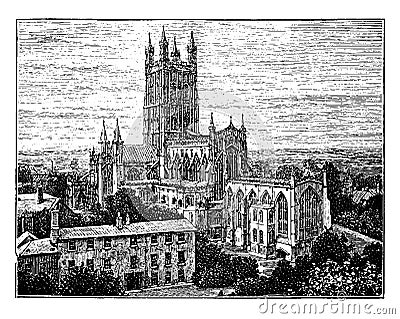 Gloucester Cathedral Church, style of Gothic architecture, vintage engraving Vector Illustration