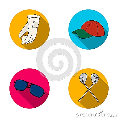 A glove for playing golf with a ball, a red cap, sunglasses, two clubs. Golf Club set collection icons in flat style Vector Illustration