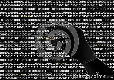 Gloved hacker hand takes the word password from binary code on black screen, horizontal vector illustration Vector Illustration