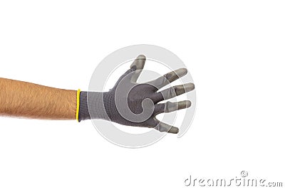 Gloved hand counting five isolated on white background Stock Photo