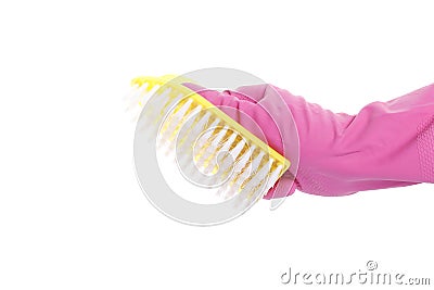 Gloved hand holding a brush isolated on white background Stock Photo