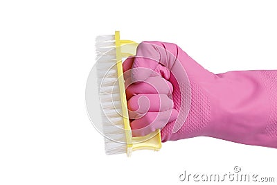 Gloved hand holding a brush isolated on white background Stock Photo