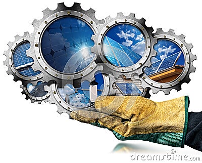 Gloved Hand Holding Metallic Cogwheels with Solar Panels Inside Cartoon Illustration