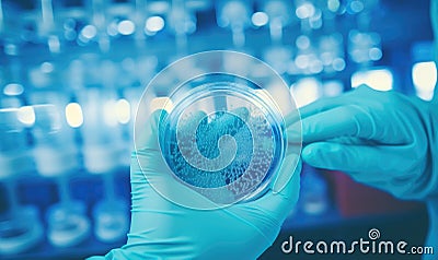 Gloved Hand Holding Petri Dish in Front of Bar Stock Photo