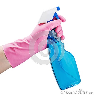 Gloved hand holding a spray bottle Stock Photo