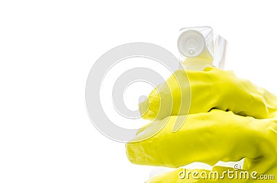 Gloved hand holding a spray bottle Stock Photo