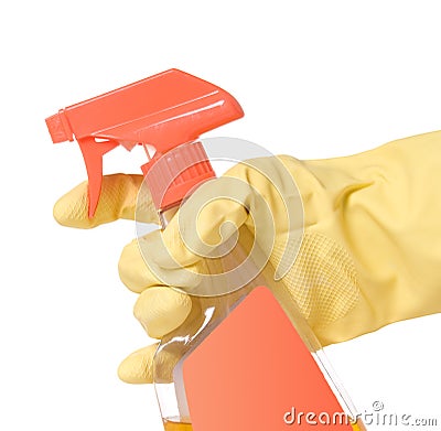 Gloved Hand Holding Trigger Spray Bottle Stock Photo