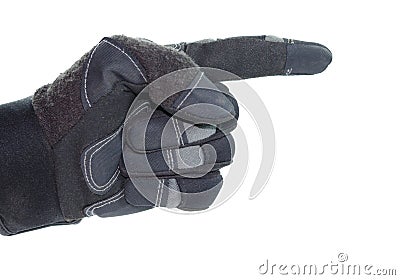 Gloved hand pointing with finger Stock Photo