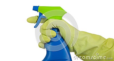 Gloved hand with spray bottle Stock Photo