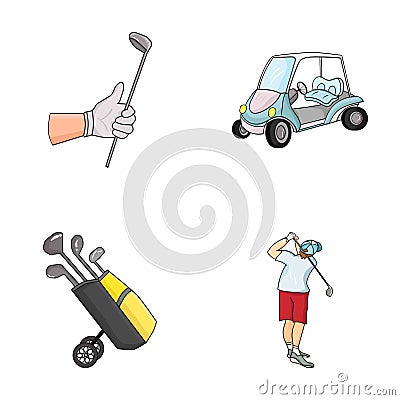 A gloved hand with a stick, a golf cart, a trolley bag with sticks in a bag, a man hammering with a stick. Golf Club set Vector Illustration