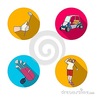 A gloved hand with a stick, a golf cart, a trolley bag with sticks in a bag, a man hammering with a stick. Golf Club set Vector Illustration