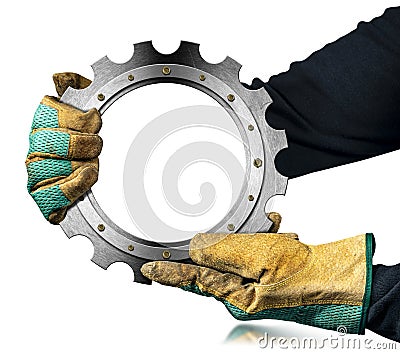 Gloved Hands Holding a Metallic Cogwheel with Copy Space Cartoon Illustration