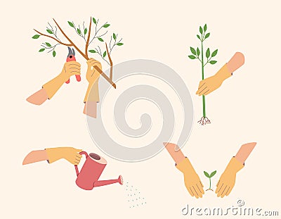 Gloved hands prune the branches of trees, plant seedlings, water from a watering can. Vector Illustration