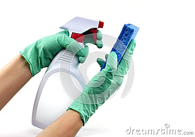 Gloved hands with sponge and cleaning spray Stock Photo