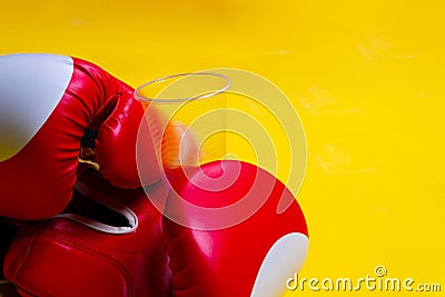 Gloves plastic boxer glass red ellow space fitness iron, from dumbbell lifestyle from weight for steel white, two Stock Photo