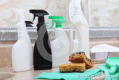 Gloves and sanitary items in the bathroom. Various chemicals and disinfectants. A copy of this place Stock Photo