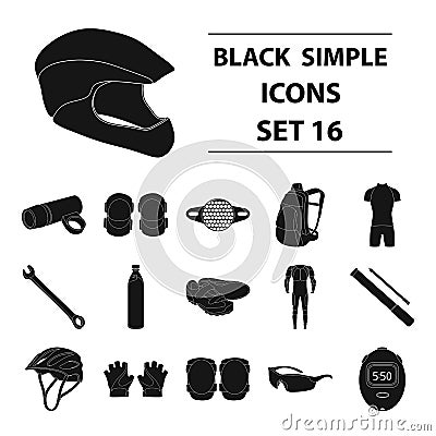 Gloves, suit, helmet, sneakers and other equipment. Cyclist outfit set collection icons in black style vector symbol Vector Illustration