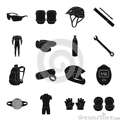 Gloves, suit, helmet, sneakers and other equipment. Cyclist outfit set collection icons in black style vector symbol Vector Illustration