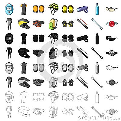 Gloves, suit, helmet, sneakers and other equipment. Cyclist outfit set collection icons in cartoon style vector symbol Vector Illustration