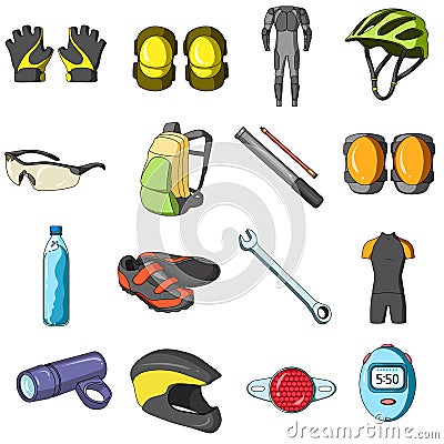 Gloves, suit, helmet, sneakers and other equipment. Cyclist outfit set collection icons in cartoon style vector symbol Vector Illustration