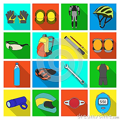 Gloves, suit, helmet, sneakers and other equipment. Cyclist outfit set collection icons in flat style vector symbol Vector Illustration