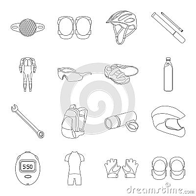 Gloves, suit, helmet, sneakers and other equipment. Cyclist outfit set collection icons in line style vector symbol Vector Illustration