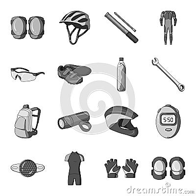 Gloves, suit, helmet, sneakers and other equipment. Cyclist outfit set collection vector Vector Illustration